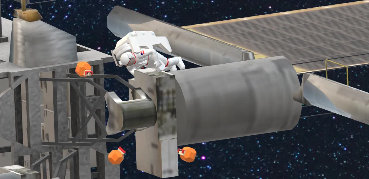 Rendered scene of an astronaut and free-flying robots servicing a structure in orbit