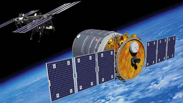 The Cygnus cargo vehicle approaching the International Space Station in orbit