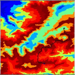 The same elevation map at full resolution, blue for low ground and red for high, with the identical planned path drawn in black threading between the ridges
