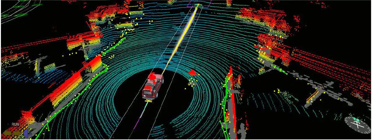 A lidar point cloud of a street scene rendered in false colour, concentric scan rings in cyan sweeping the road surface, buildings and roadside objects picked out in red and yellow, with a red vehicle model at the centre and the planned path drawn ahead of it
