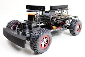 A 1/10-scale RACECAR ground robot: a four-wheeled chassis carrying a lidar, a depth camera and an on-board computer