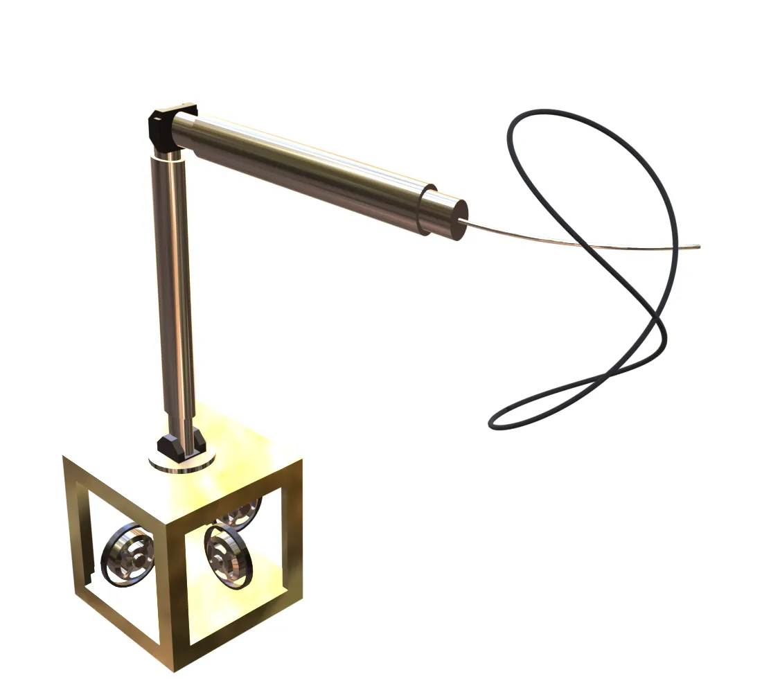 A rendered manipulator mounted on an open cubic spacecraft frame carrying reaction wheels. A rigid link rises from the base to an elbow, and a second rigid segment carries a nested tube from whose tip a long slender continuum section extends and curls back on itself in free space