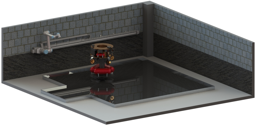 Rendering of the ASTROS arena: the two-stage platform floats on the dark polished floor, with a Universal Robots arm mounted on a horizontal rail along the far wall that lets it traverse the edge of the arena