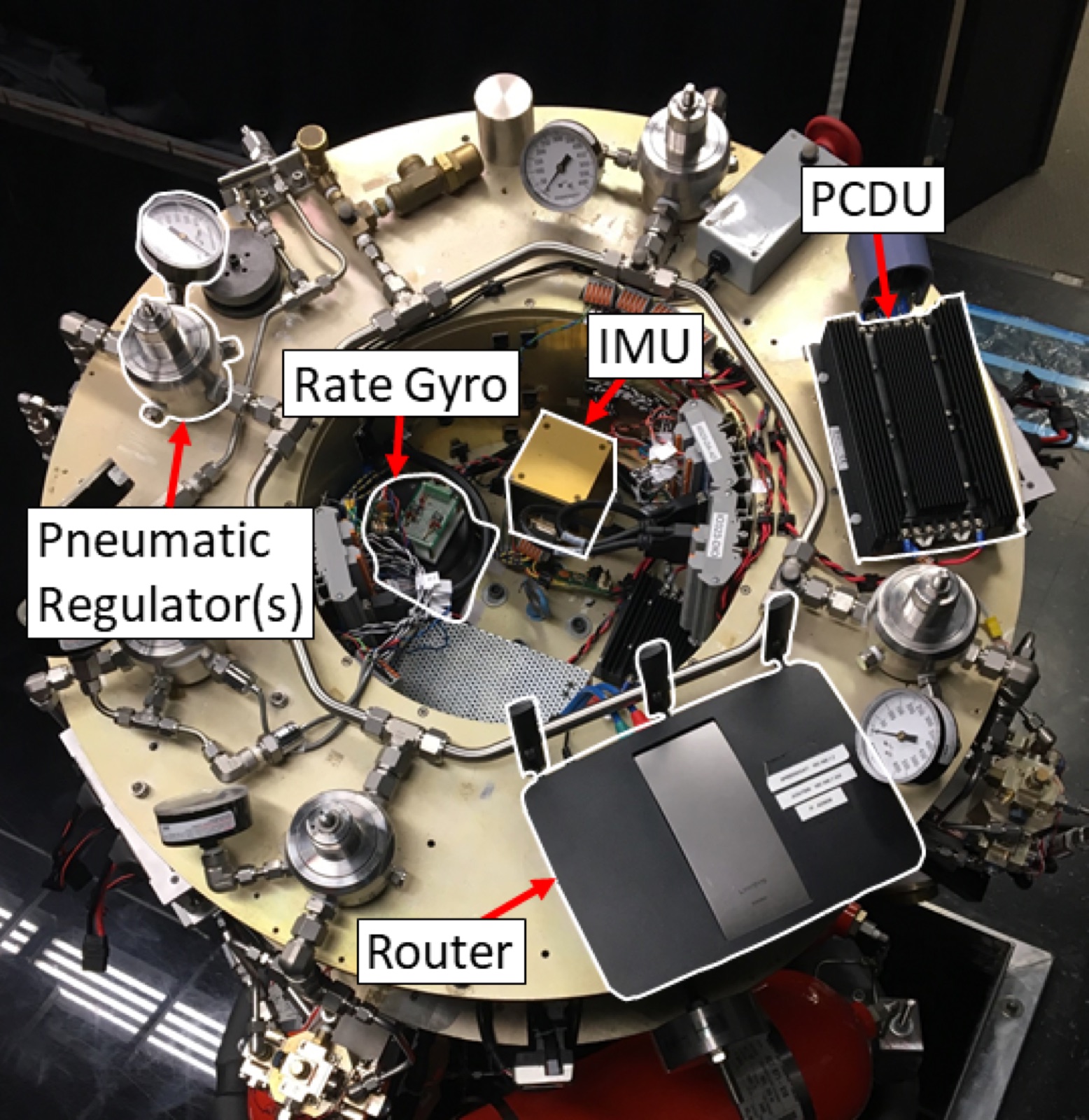 Top view of the ASTROS upper stage, showing the VSCMG cluster and avionics layout